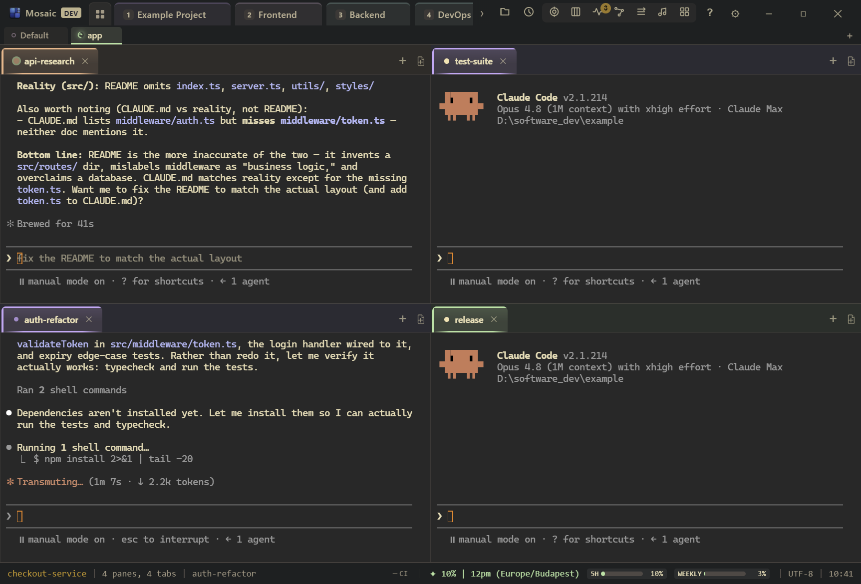 Four Claude Code agents in a 2x2 grid on the checkout-service workspace: auth-refactor and api-research mid-task, test-suite and release standing by, every tab named after its job