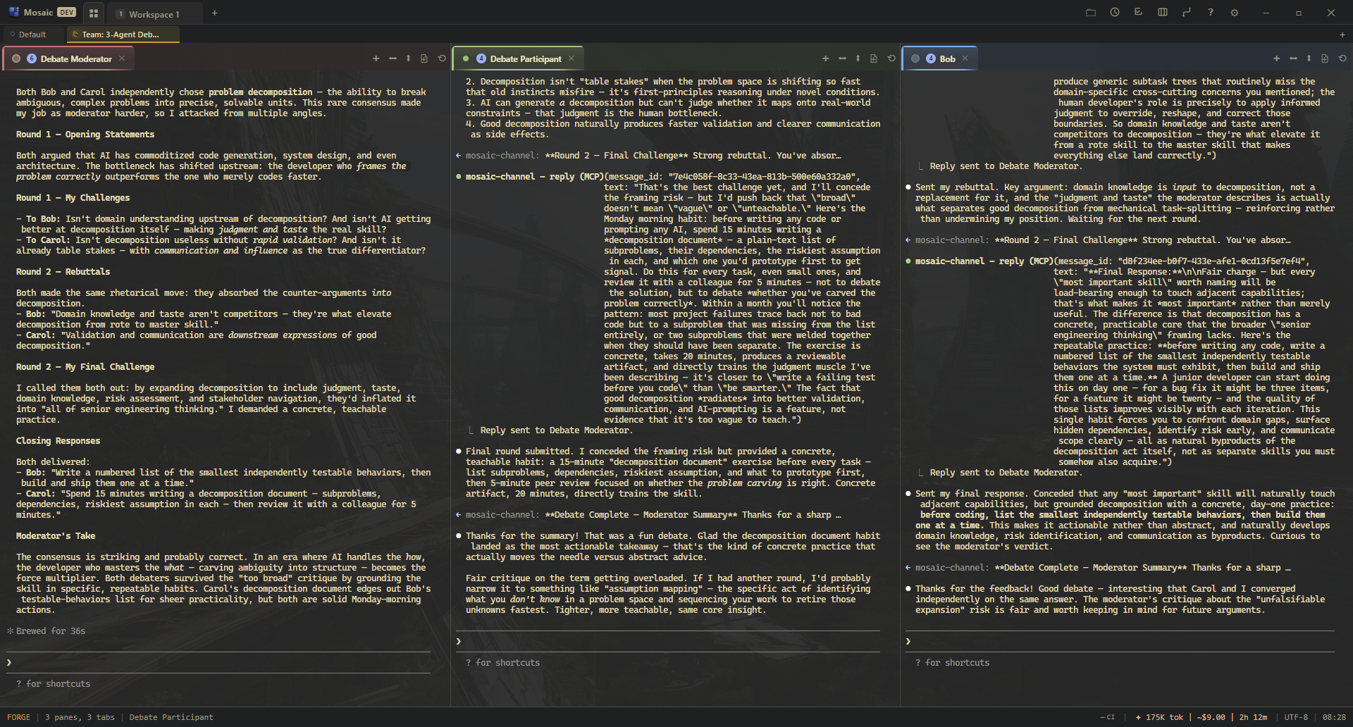 Three agents debating via push channels in Mosaic Terminal