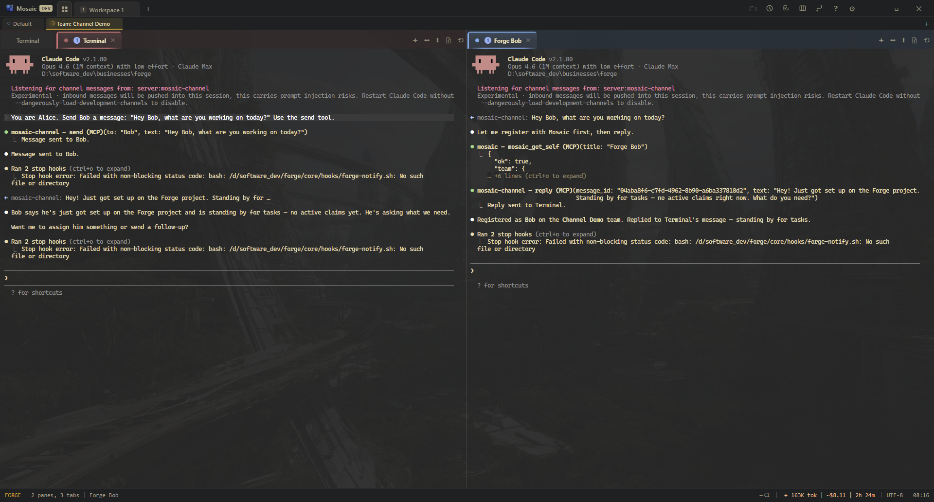 Alice and Bob agents chatting in real time via Mosaic Channel push messaging