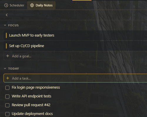 Daily Notes panel with focus goals, today's tasks, and quick notes
