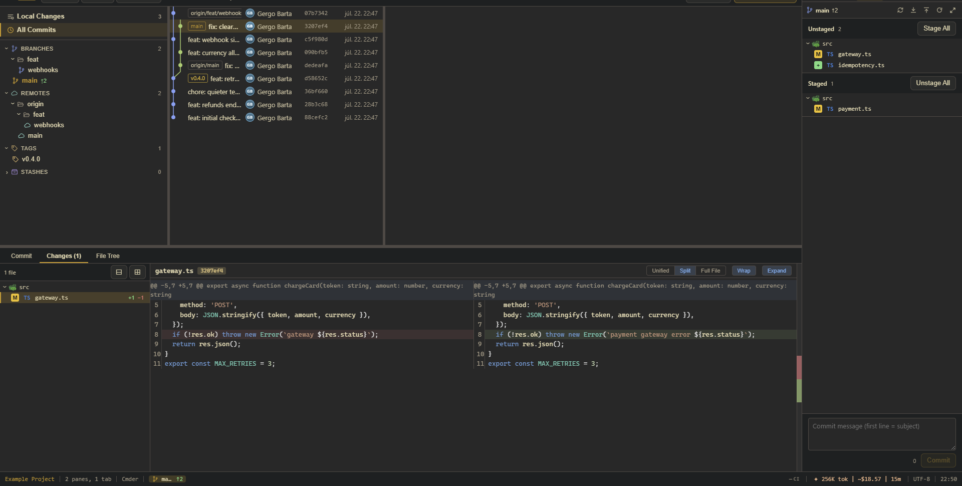 The full git view: commit graph, branches and tags, commit detail with diff, and the docked panel