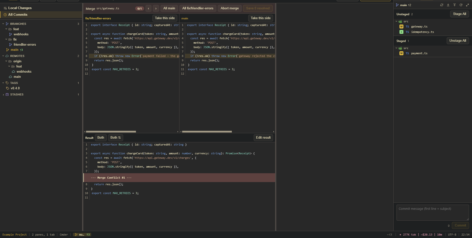 The merge resolver: both branches side by side, editable result below