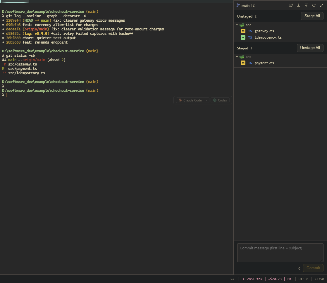 A terminal beside the docked git panel