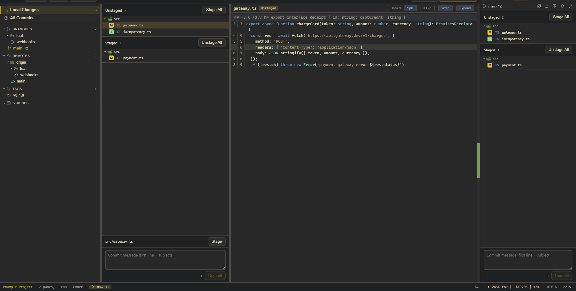 Local Changes: unstaged and staged trees, with a syntax-highlighted diff