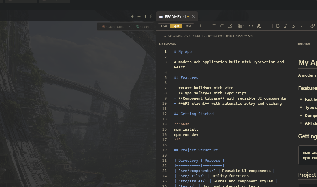 Markdown editor with side-by-side source and rendered preview