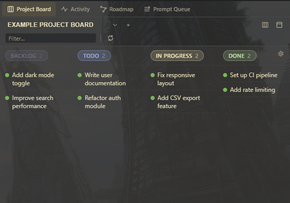 Project Board showing GitHub Issues synced to a kanban board with activity feed