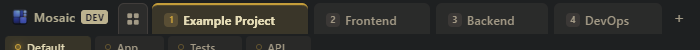 Workspace tab bar showing multiple workspaces with icons and color tints